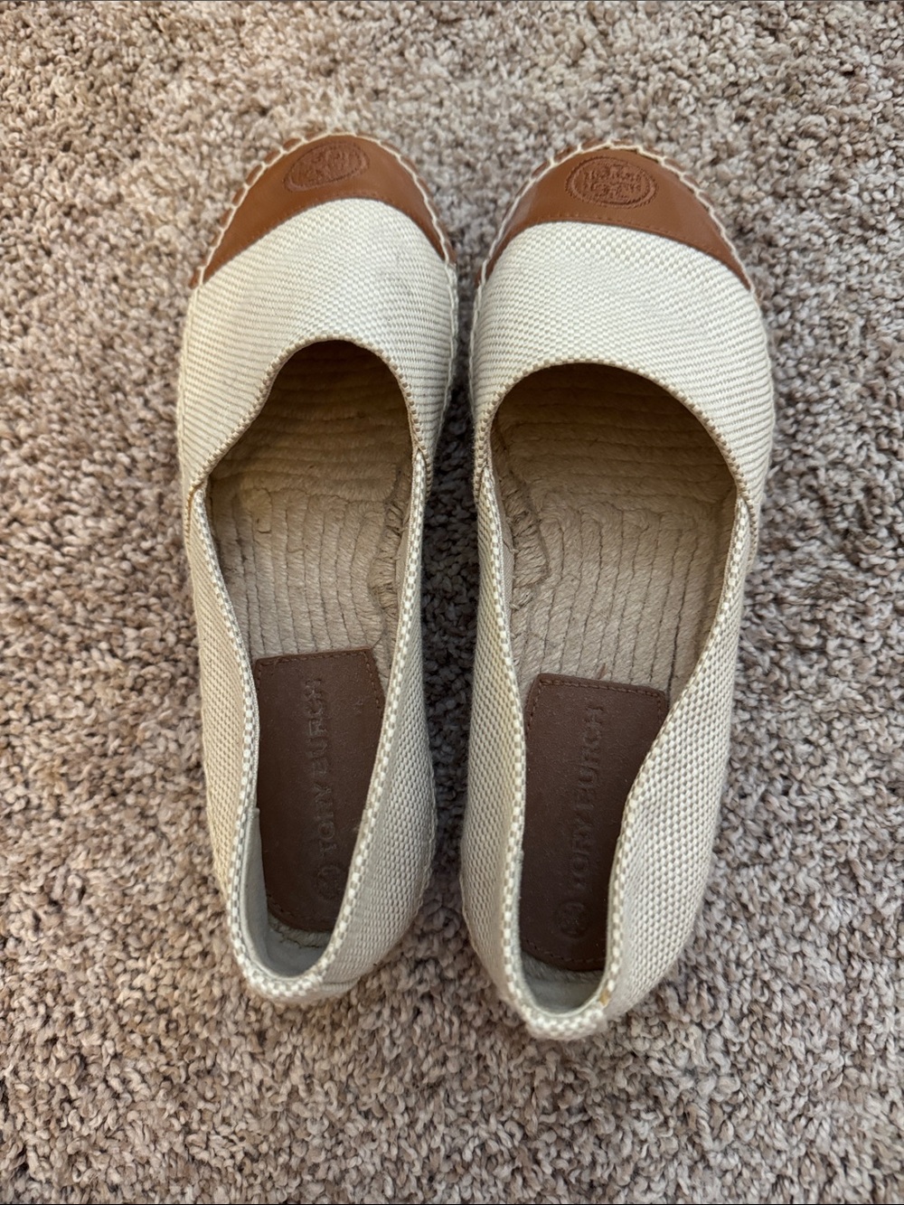 Tory Burch Cream Canvas Espadrille Flats with Brown Leather Toe - Picture 4 of 4
